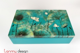 Blue rectangular lacquer box hand-painted with water lily pond  18*30cm